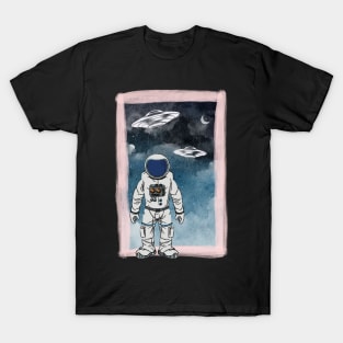 Floating astronaut Ufo alien abduction funny cute spaceship moon mars cosmic space T-Shirt